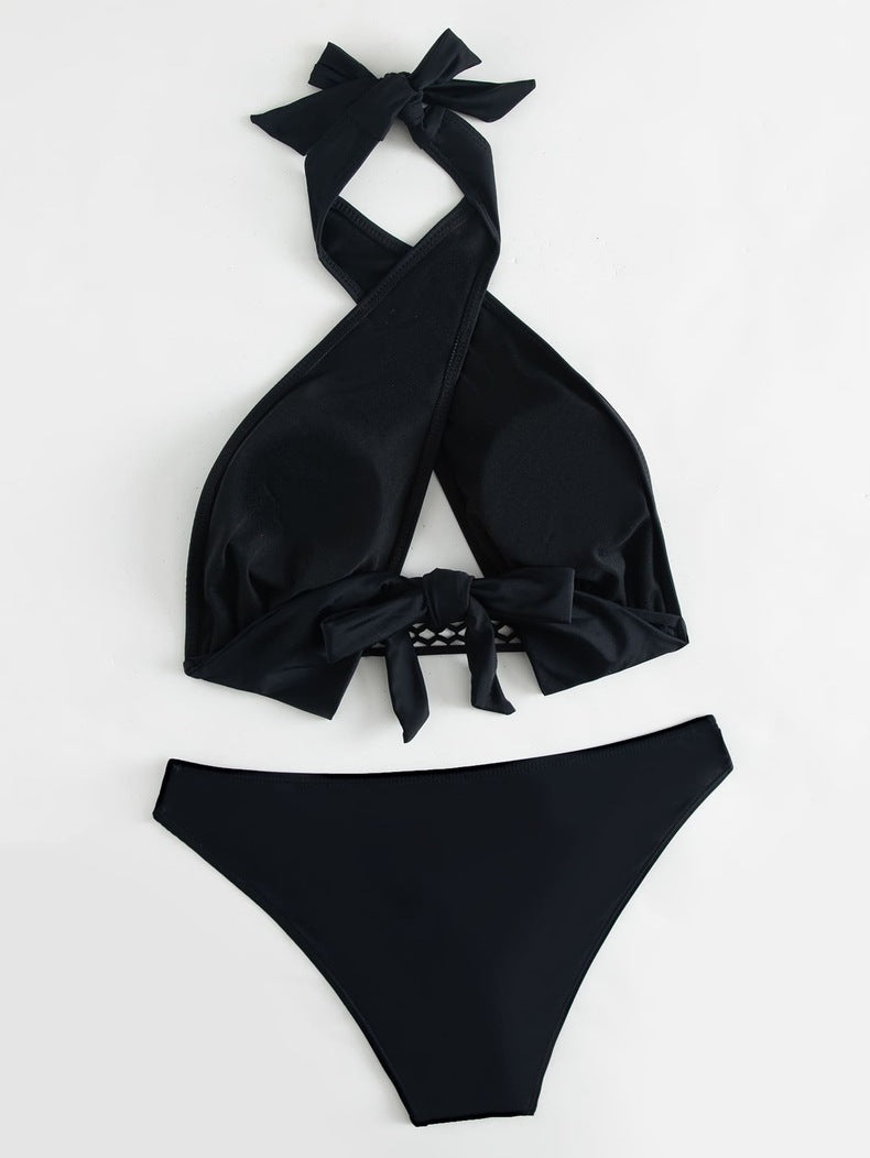 Sexy Solid Color Necktie Bikini Swimsuit Aosig