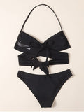 Sexy Solid Color Necktie Bikini Swimsuit Aosig