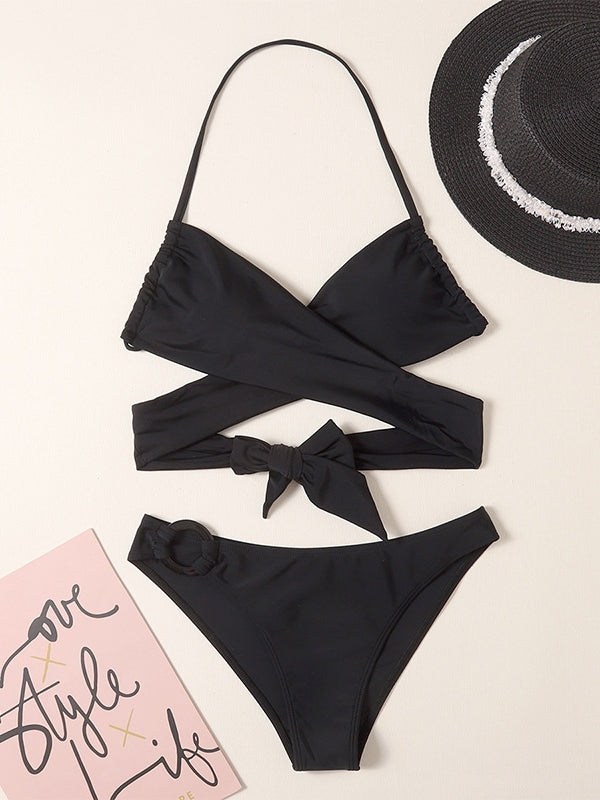 Sexy Solid Color Necktie Bikini Swimsuit Aosig