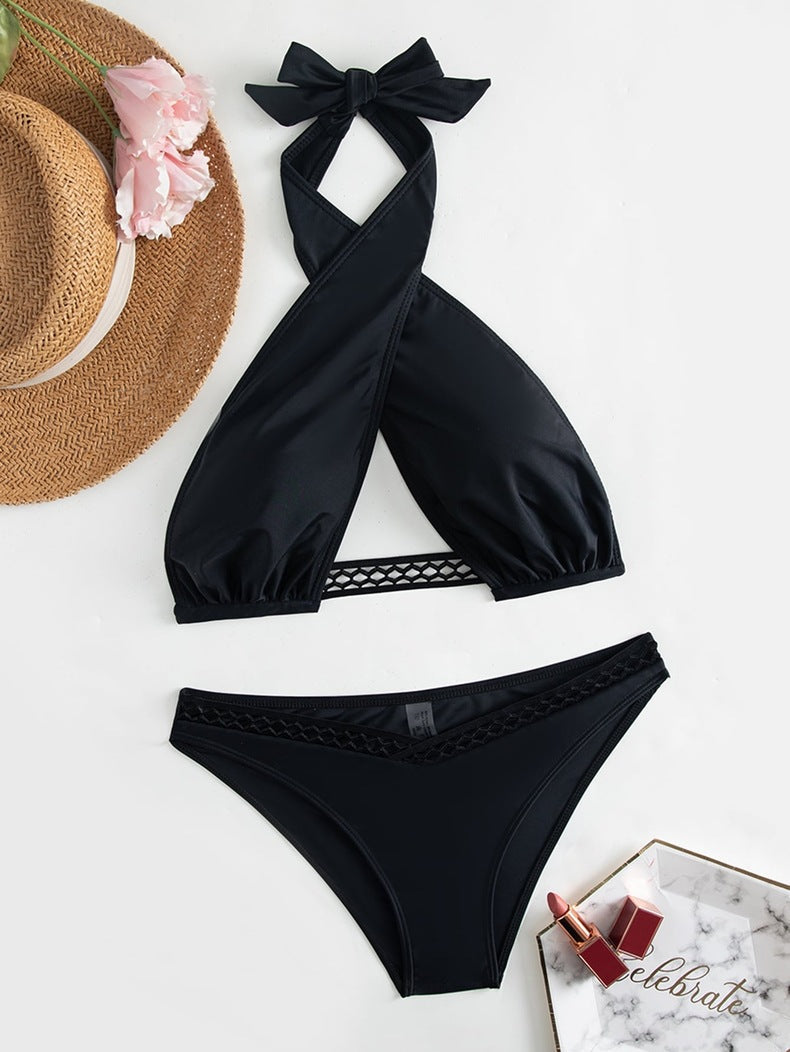 Sexy Solid Color Necktie Bikini Swimsuit Aosig