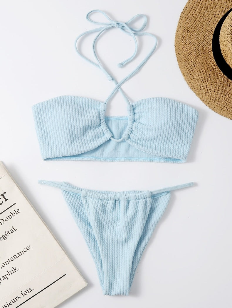 Sexy Solid Color Pit Stripe Neckline Bikini Swimsuit Aosig
