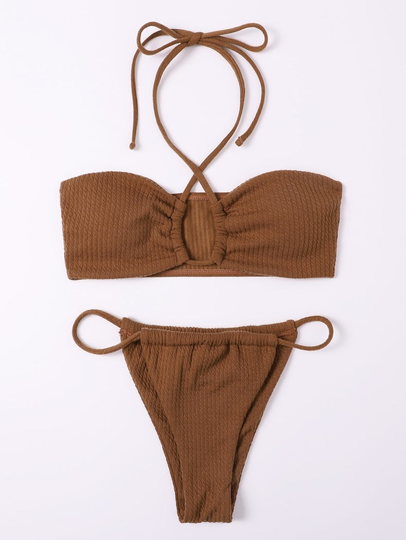 Sexy Solid Color Pit Stripe Neckline Bikini Swimsuit Aosig