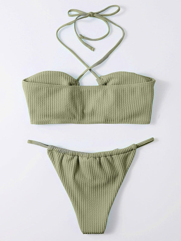 Sexy Solid Color Pit Stripe Neckline Bikini Swimsuit Aosig