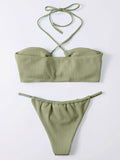 Sexy Solid Color Pit Stripe Neckline Bikini Swimsuit Aosig