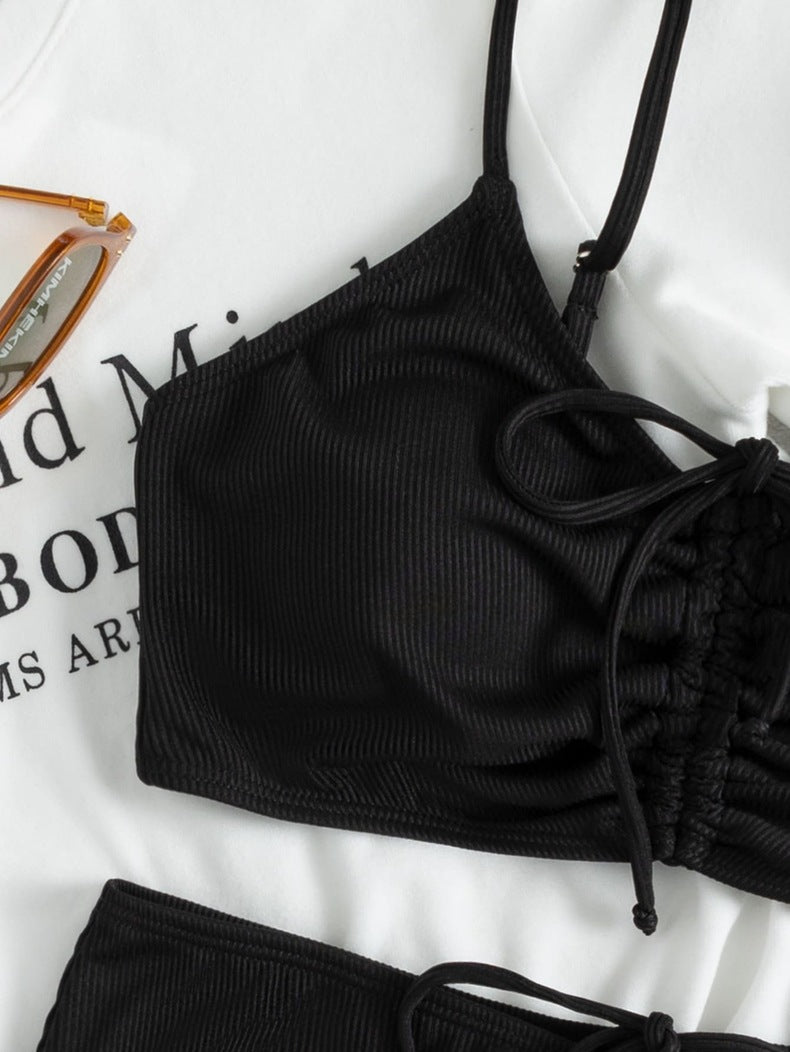 Sexy Solid Color Pleated Bikini Swimsuit Aosig