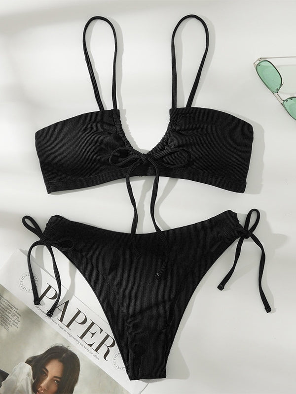 Sexy Solid Color Strappy Bikini Swimsuit Aosig