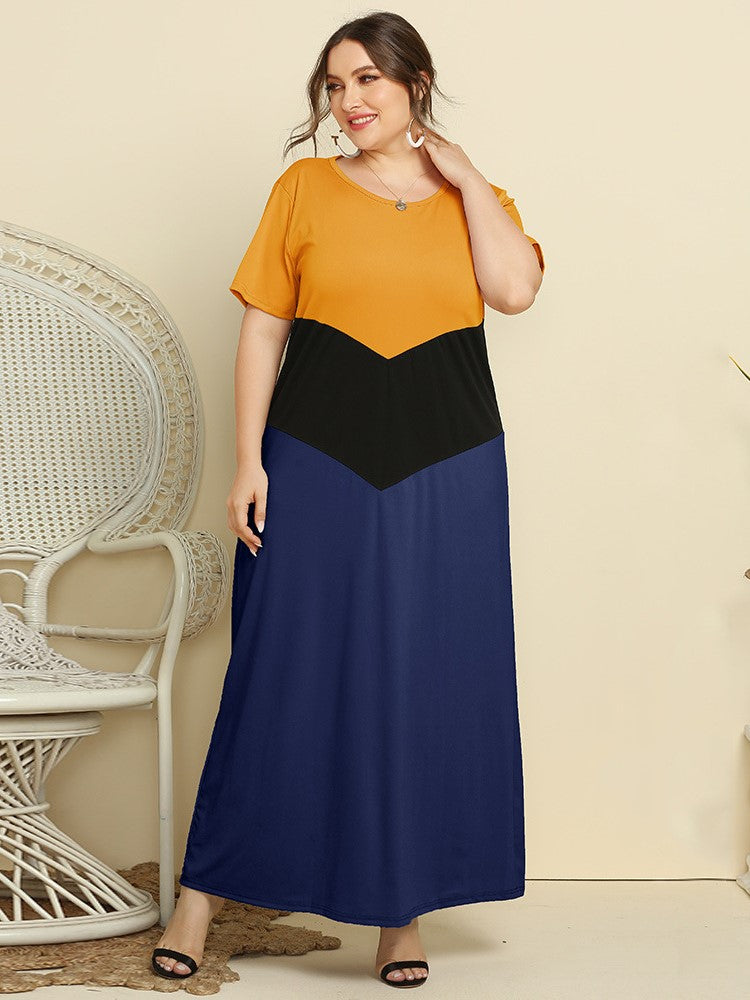 Simple Colorblock Loose Short Sleeve Dress Aosig