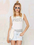 Slim Fit Letter Print Crew Neck White Slip Top Aosig