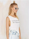 Slim Fit Letter Print Crew Neck White Slip Top Aosig