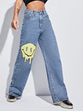 Smiley Face All-match Loose Denim Trousers Aosig