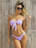 Solid Color Bow Neck Bikini Swimsuit Aosig
