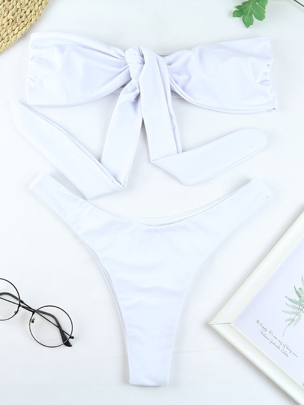 Solid Color Bow Neck Bikini Swimsuit Aosig