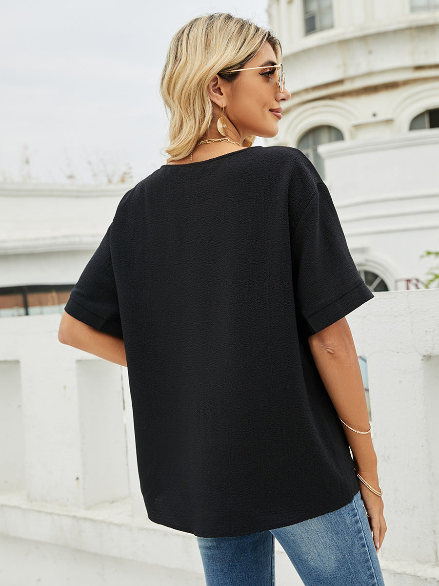 Solid Color Casual Loose V-Neck Short Sleeve Shirt Aosig