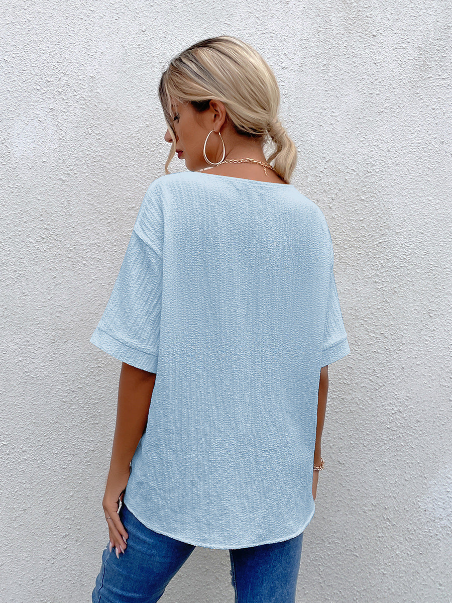 Solid Color Casual Loose V-Neck Short Sleeve Shirt Aosig