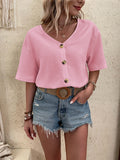 Solid Color Casual Loose V-Neck Short Sleeve Shirt Aosig