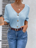 Solid Color Casual Loose V-Neck Short Sleeve Shirt Aosig