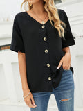 Solid Color Casual Loose V-Neck Short Sleeve Shirt Aosig