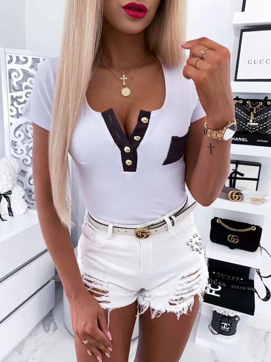 Solid Color Fashion Pullover Slim Button T-Shirt Top Aosig