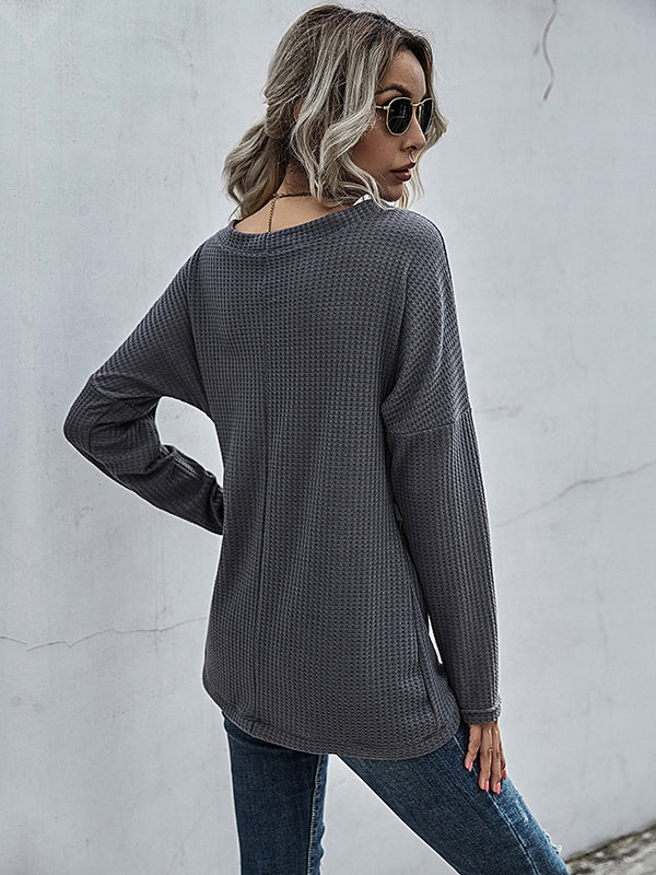 Solid Color Knitted Inner Long Sleeve Sweater Aosig