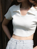 Solid Color Lapel Nipped Waist Short Sleeve T-Shirt Aosig