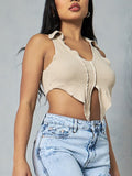 Solid Color Lapel Pullover Sleeveless Crop Navel Casual Tank Top Aosig