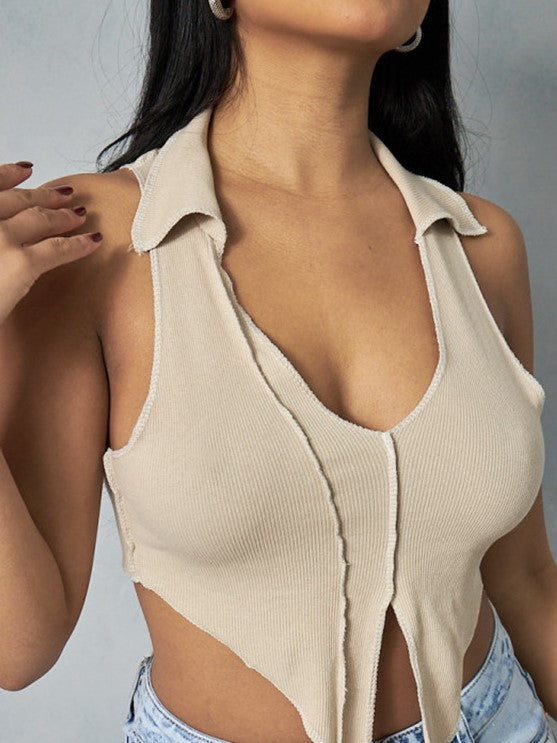 Solid Color Lapel Pullover Sleeveless Crop Navel Casual Tank Top Aosig