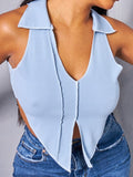 Solid Color Lapel Pullover Sleeveless Crop Navel Casual Tank Top Aosig
