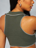 Solid Color Lapel Pullover Sleeveless Crop Navel Casual Tank Top Aosig
