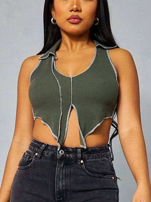 Solid Color Lapel Pullover Sleeveless Crop Navel Casual Tank Top Aosig