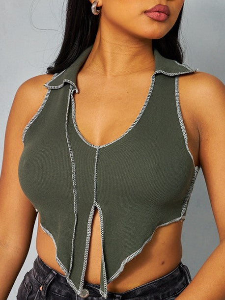 Solid Color Lapel Pullover Sleeveless Crop Navel Casual Tank Top Aosig