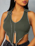 Solid Color Lapel Pullover Sleeveless Crop Navel Casual Tank Top Aosig