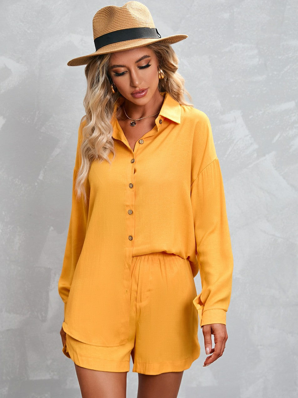 Solid Color Long Sleeve Shirt & Shorts Suit Aosig