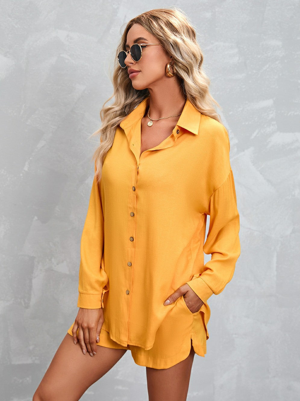 Solid Color Long Sleeve Shirt & Shorts Suit Aosig