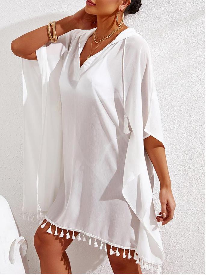 Solid Color Loose Beach Cover Up Dress Aosig