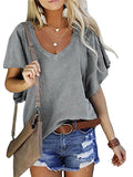 Solid Color Lotus Leaf Sleeve Loose V-neck Short-sleeved Top T-shirt Aosig