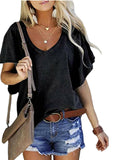Solid Color Lotus Leaf Sleeve Loose V-neck Short-sleeved Top T-shirt Aosig