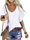 Solid Color Lotus Leaf Sleeve Loose V-neck Short-sleeved Top T-shirt Aosig