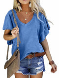 Solid Color Lotus Leaf Sleeve Loose V-neck Short-sleeved Top T-shirt Aosig