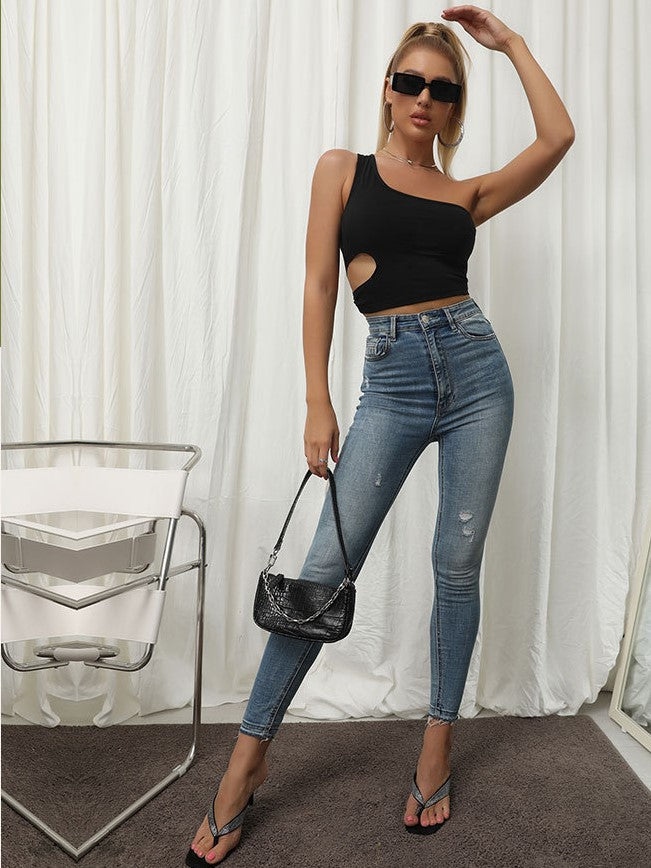 Solid Color One Shoulder Hollow Sloping Shoulder Casual Black Top Aosig