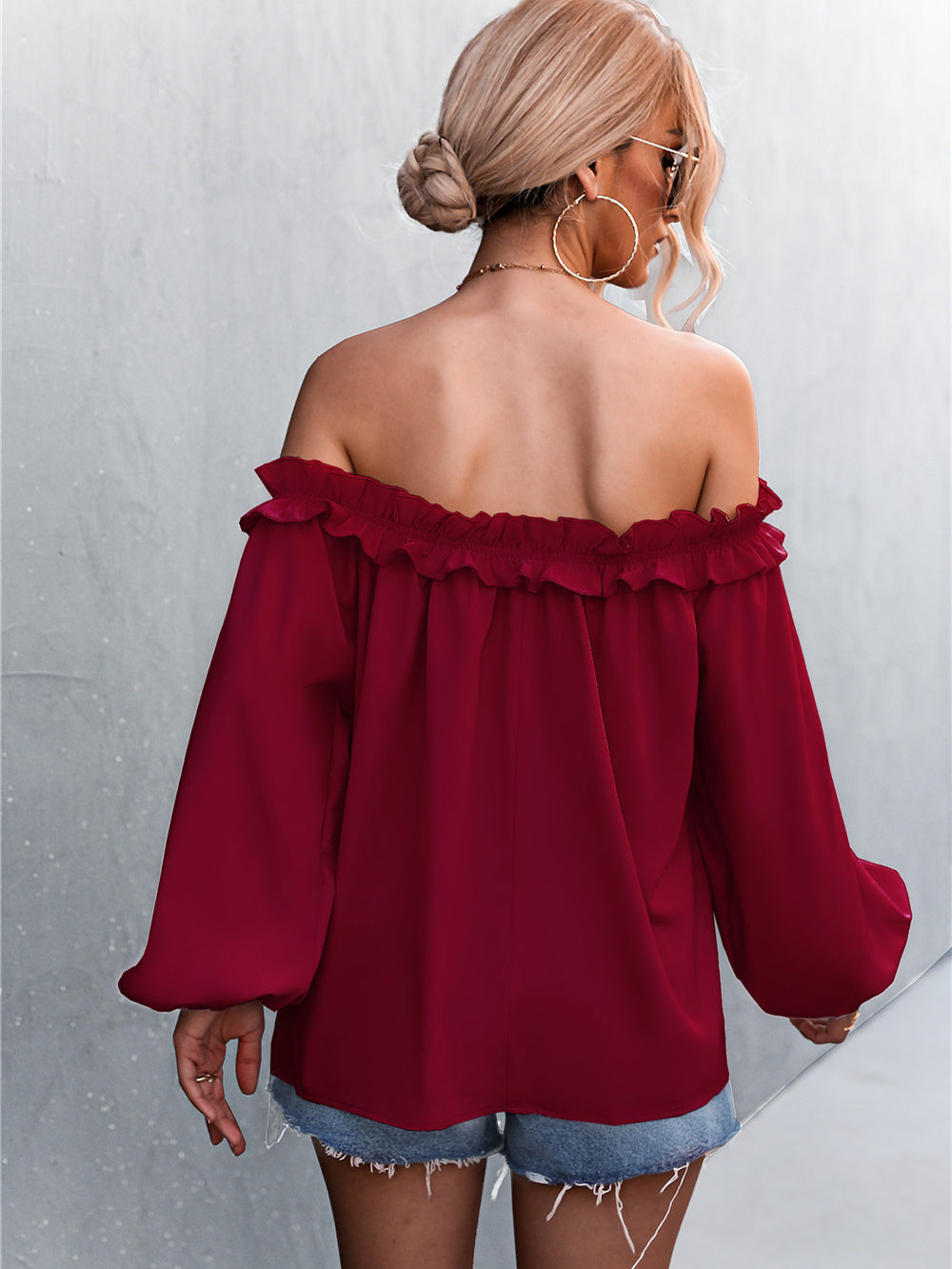 Solid Color One Shoulder Lantern Sleeve T-Shirt Top Aosig