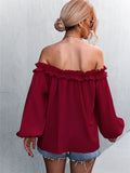 Solid Color One Shoulder Lantern Sleeve T-Shirt Top Aosig