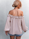 Solid Color One Shoulder Lantern Sleeve T-Shirt Top Aosig