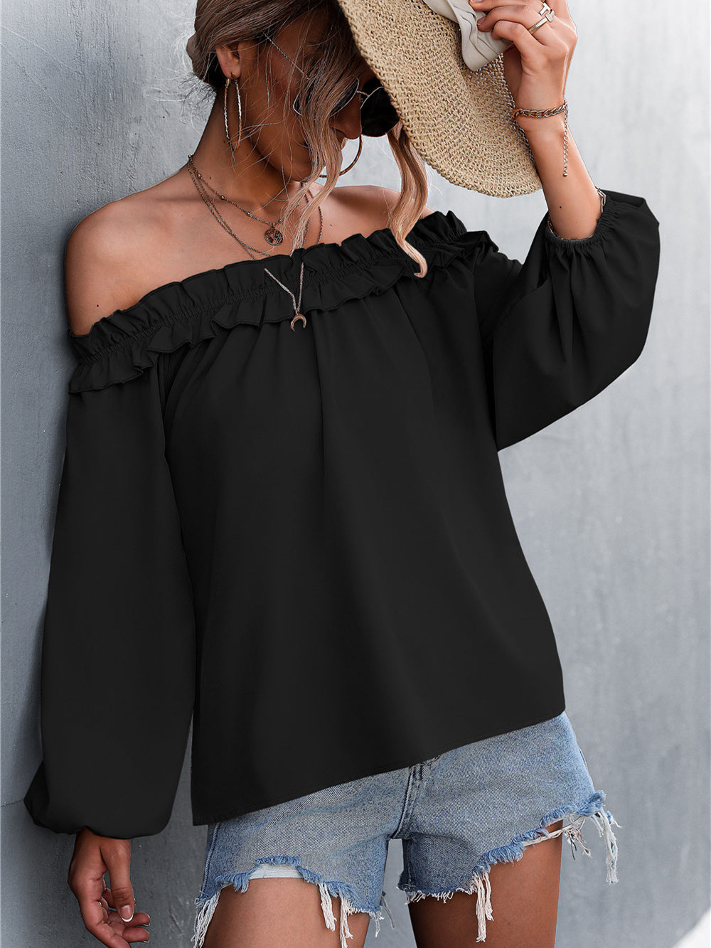 Solid Color One Shoulder Lantern Sleeve T-Shirt Top Aosig
