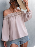 Solid Color One Shoulder Lantern Sleeve T-Shirt Top Aosig