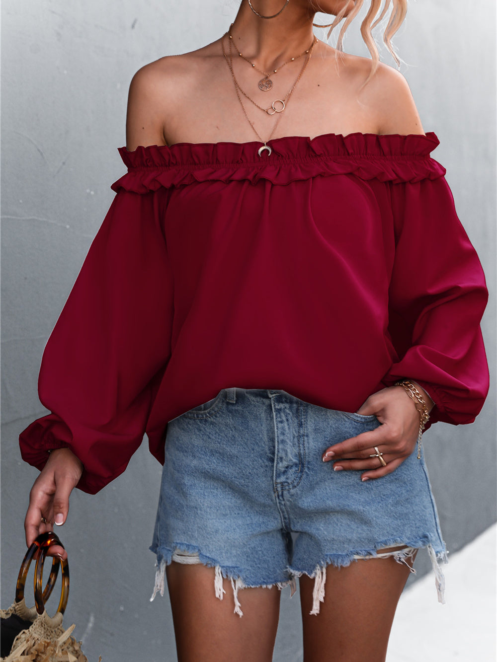 Solid Color One Shoulder Lantern Sleeve T-Shirt Top Aosig