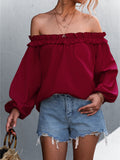 Solid Color One Shoulder Lantern Sleeve T-Shirt Top Aosig