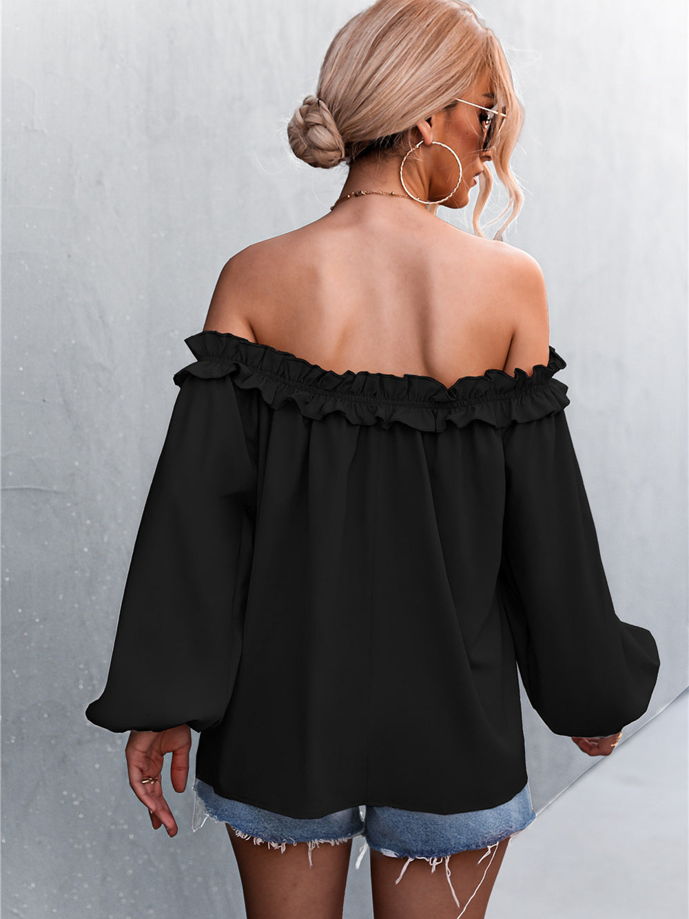 Solid Color One Shoulder Lantern Sleeve T-Shirt Top Aosig