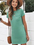 Solid Color Pocket Crew Neck Skirt Aosig