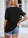 Solid Color Pullover V-Neck Top Lace Short Sleeve T-Shirt Aosig