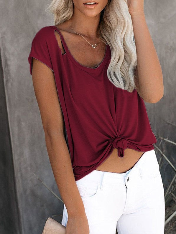 Solid Color Round Neck Pullover Loose Ripped Top T-shirt Aosig